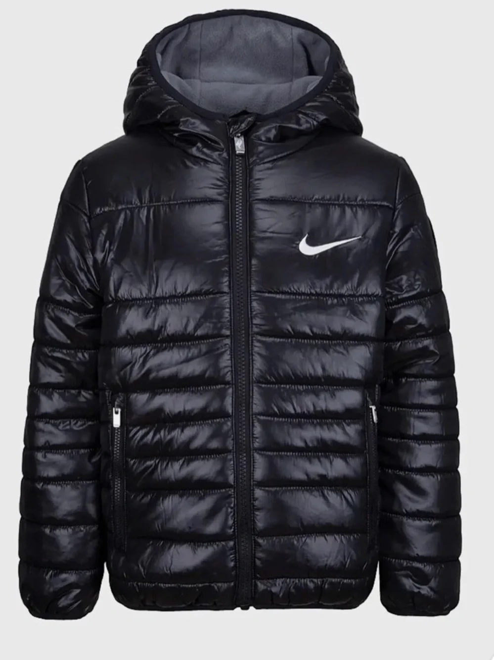 Nike Black Quilted Puffer Jacket with Hood and White Swoosh